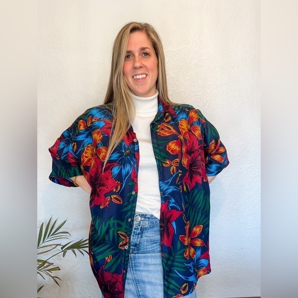 Mens Vintage Basix 100% Silk Hawaiian Shirt size XL Green Red Blue Orange Floral - Picture 9 of 9